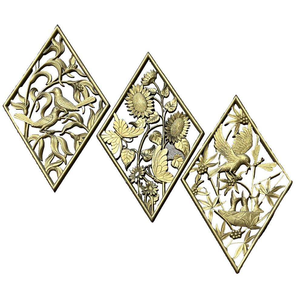 Set 3 Vtg Gold Burwood Homco Bird Wall Plaques Sunflower Butterfly Diamond 16"